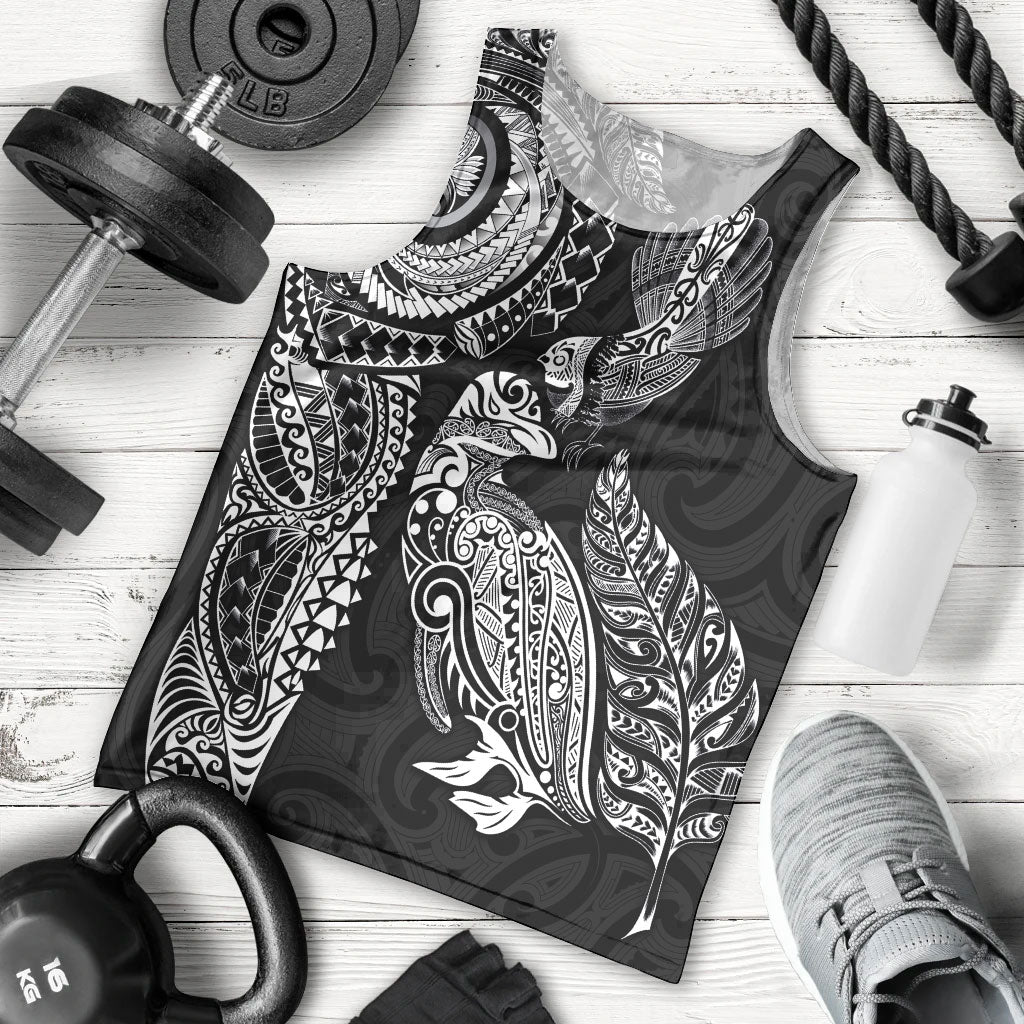 Aotearoa Moko Tribal Tattoo Men Tank Top New Zealand Maori Penguin and Fantail Black Color