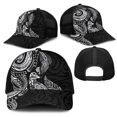Aotearoa Moko Tribal Tattoo Mesh Trucker Cap New Zealand Maori Penguin and Fantail Black Color