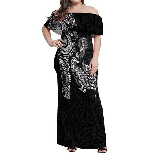 Aotearoa Moko Tribal Tattoo Off Shoulder Maxi Dress New Zealand Maori Penguin and Fantail Black Color
