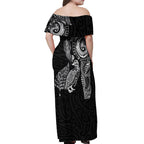 Aotearoa Moko Tribal Tattoo Off Shoulder Maxi Dress New Zealand Maori Penguin and Fantail Black Color