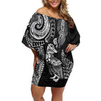Aotearoa Moko Tribal Tattoo Off Shoulder Short Dress New Zealand Maori Penguin and Fantail Black Color