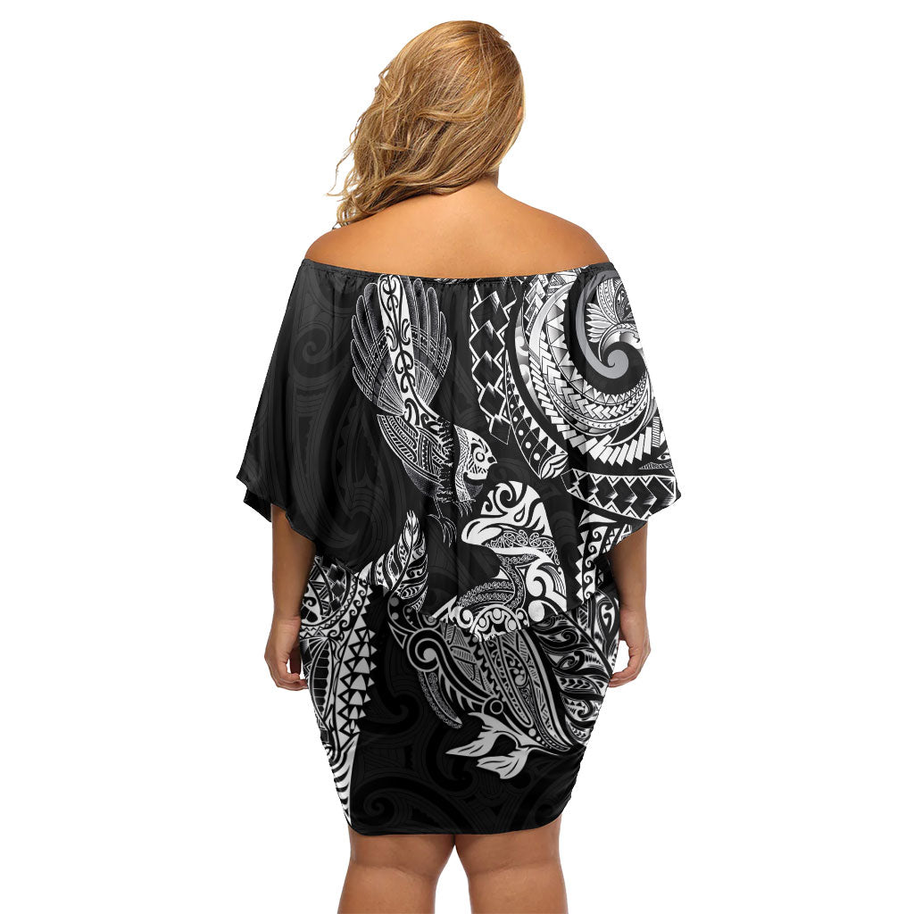 Aotearoa Moko Tribal Tattoo Off Shoulder Short Dress New Zealand Maori Penguin and Fantail Black Color