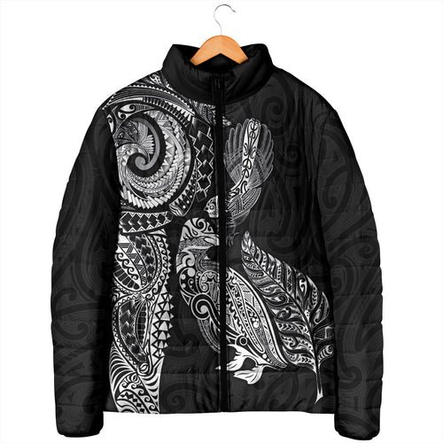 Aotearoa Moko Tribal Tattoo Padded Jacket New Zealand Maori Penguin and Fantail Black Color
