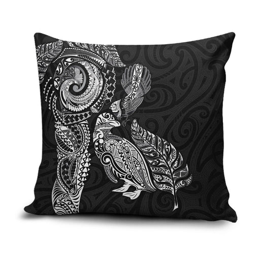 Aotearoa Moko Tribal Tattoo Pillow Cover New Zealand Maori Penguin and Fantail Black Color