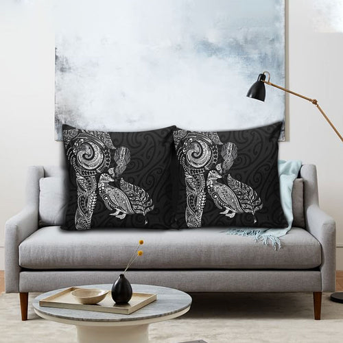 Aotearoa Moko Tribal Tattoo Pillow Cover New Zealand Maori Penguin and Fantail Black Color