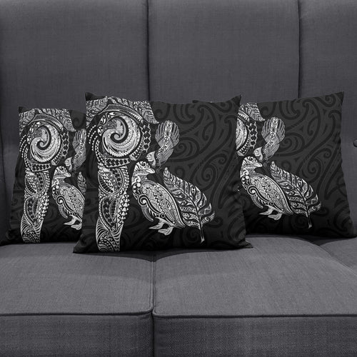 Aotearoa Moko Tribal Tattoo Pillow Cover New Zealand Maori Penguin and Fantail Black Color