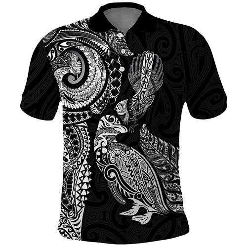 Aotearoa Moko Tribal Tattoo Polo Shirt New Zealand Maori Penguin and Fantail Black Color