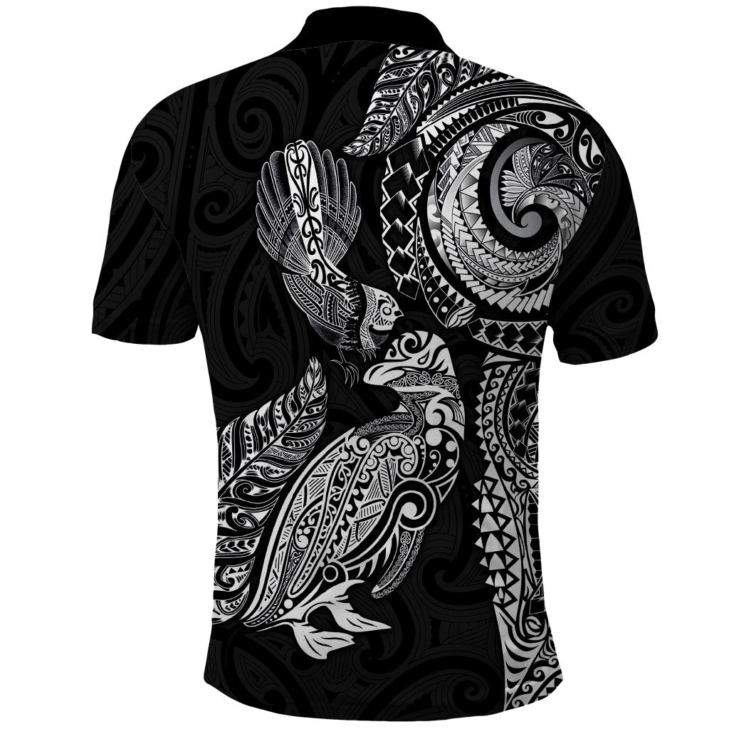 Aotearoa Moko Tribal Tattoo Polo Shirt New Zealand Maori Penguin and Fantail Black Color