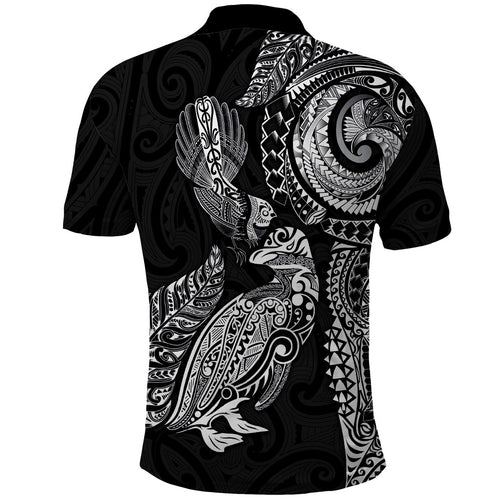 Aotearoa Moko Tribal Tattoo Polo Shirt New Zealand Maori Penguin and Fantail Black Color