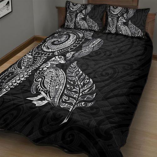 Aotearoa Moko Tribal Tattoo Quilt Bed Set New Zealand Maori Penguin and Fantail Black Color