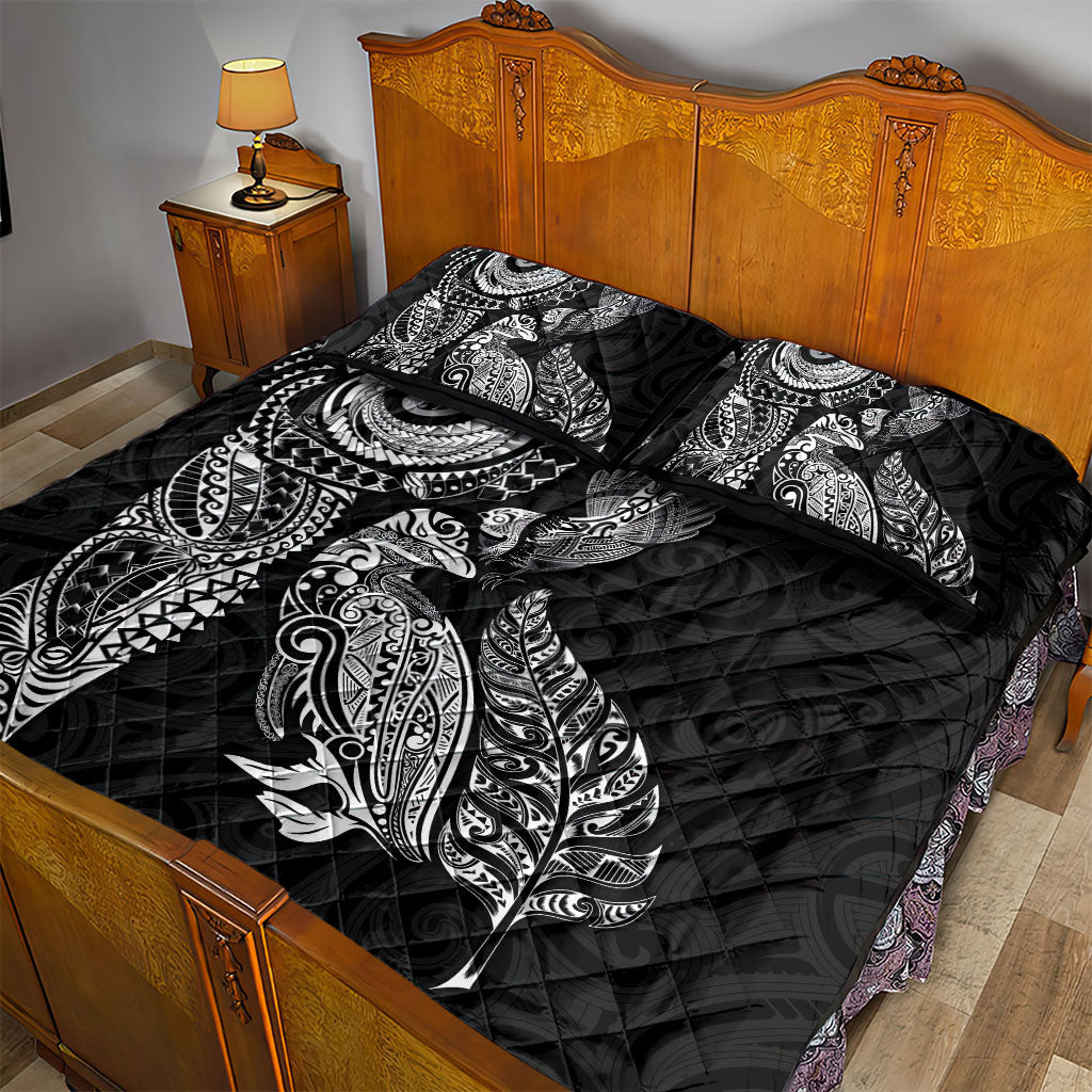Aotearoa Moko Tribal Tattoo Quilt Bed Set New Zealand Maori Penguin and Fantail Black Color