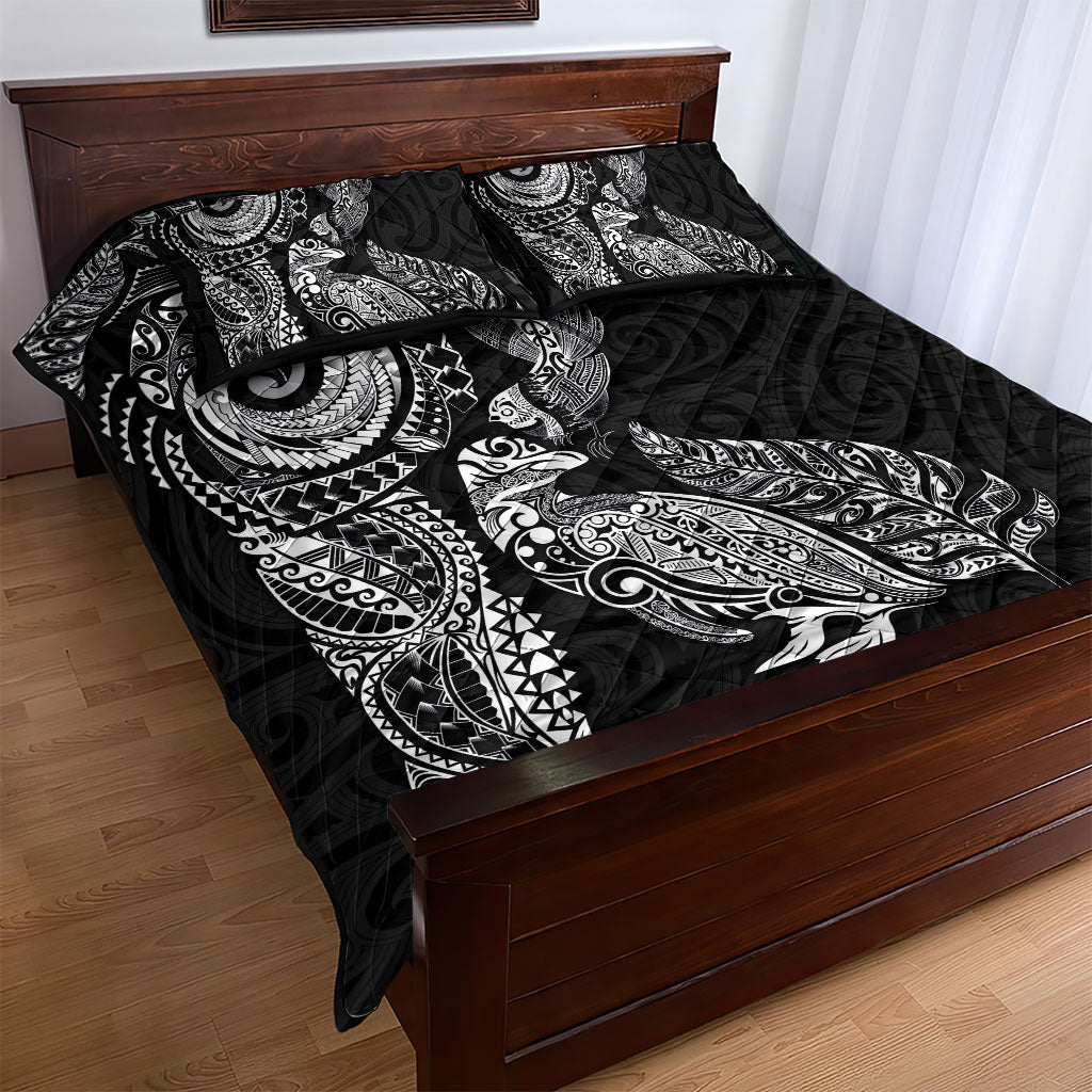 Aotearoa Moko Tribal Tattoo Quilt Bed Set New Zealand Maori Penguin and Fantail Black Color