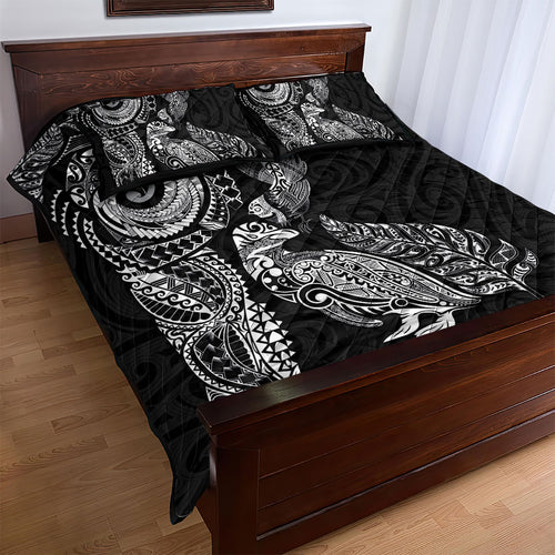 Aotearoa Moko Tribal Tattoo Quilt Bed Set New Zealand Maori Penguin and Fantail Black Color
