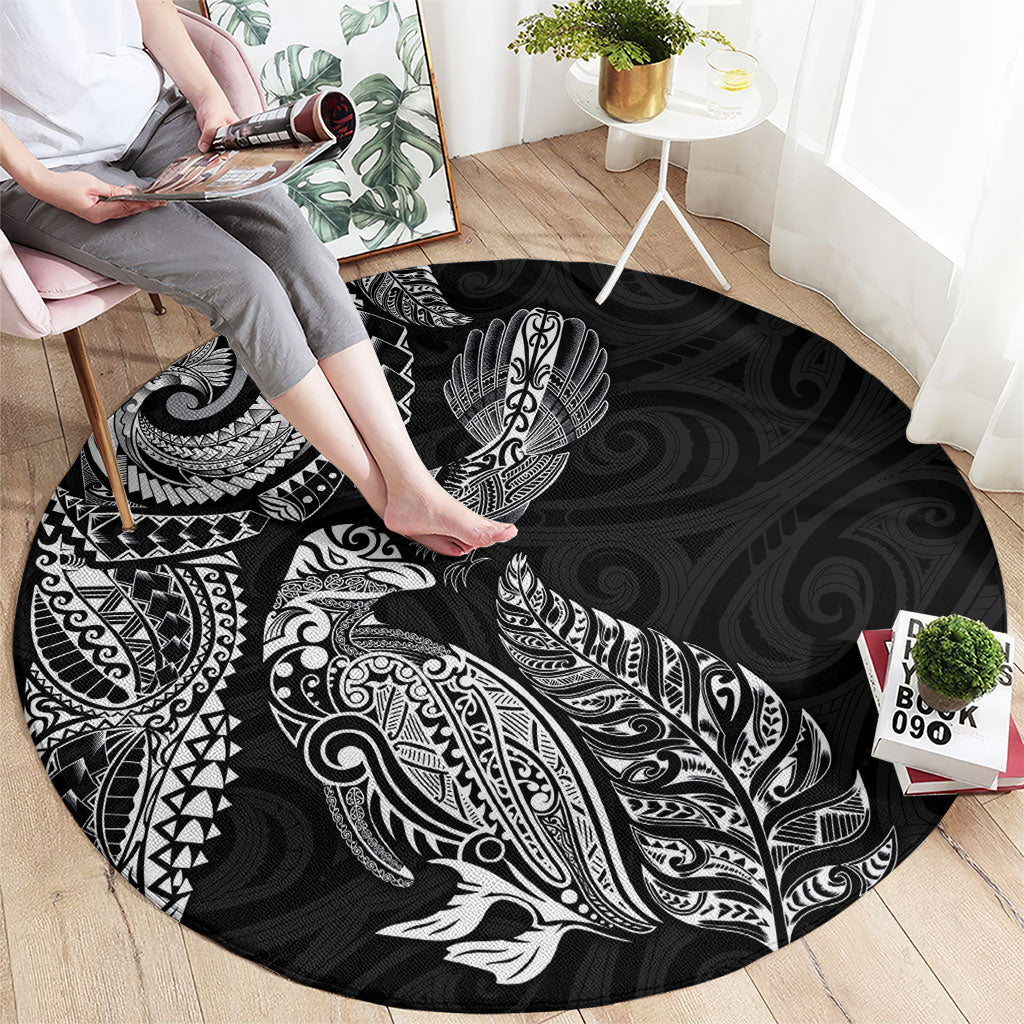 Aotearoa Moko Tribal Tattoo Round Carpet New Zealand Maori Penguin and Fantail Black Color