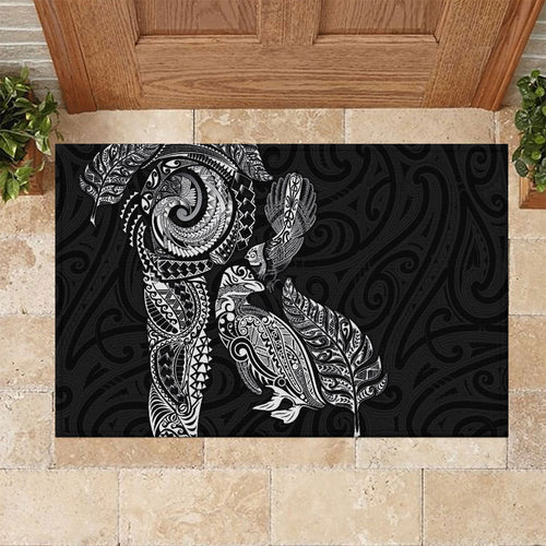 Aotearoa Moko Tribal Tattoo Rubber Doormat New Zealand Maori Penguin and Fantail Black Color