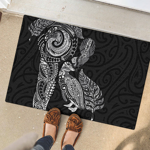 Aotearoa Moko Tribal Tattoo Rubber Doormat New Zealand Maori Penguin and Fantail Black Color