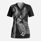 Aotearoa Moko Tribal Tattoo Scrub Top New Zealand Maori Penguin and Fantail Black Color
