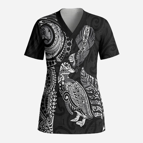 Aotearoa Moko Tribal Tattoo Scrub Top New Zealand Maori Penguin and Fantail Black Color