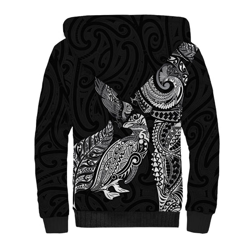 Aotearoa Moko Tribal Tattoo Sherpa Hoodie New Zealand Maori Penguin and Fantail Black Color