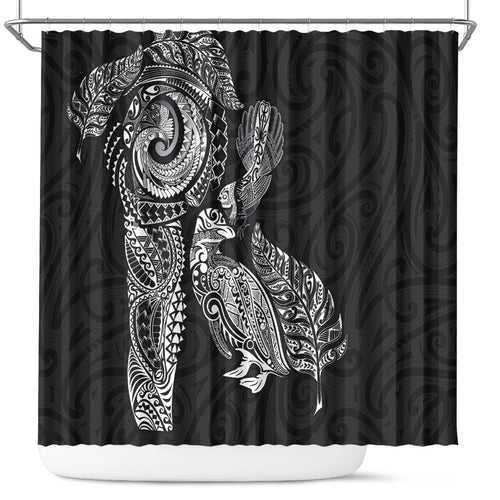Aotearoa Moko Tribal Tattoo Shower Curtain New Zealand Maori Penguin and Fantail Black Color
