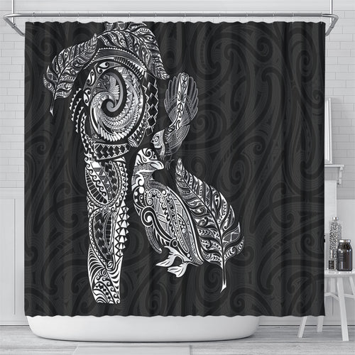 Aotearoa Moko Tribal Tattoo Shower Curtain New Zealand Maori Penguin and Fantail Black Color