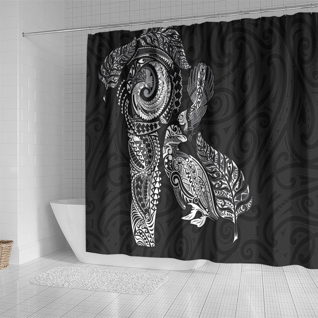 Aotearoa Moko Tribal Tattoo Shower Curtain New Zealand Maori Penguin and Fantail Black Color