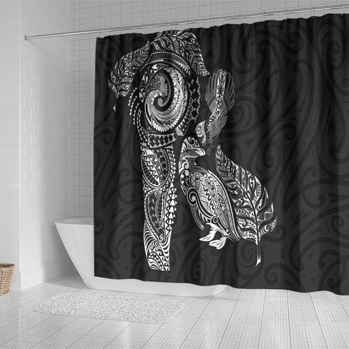 Aotearoa Moko Tribal Tattoo Shower Curtain New Zealand Maori Penguin and Fantail Black Color