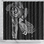 Aotearoa Moko Tribal Tattoo Shower Curtain New Zealand Maori Penguin and Fantail Black Color