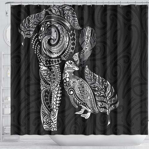 Aotearoa Moko Tribal Tattoo Shower Curtain New Zealand Maori Penguin and Fantail Black Color