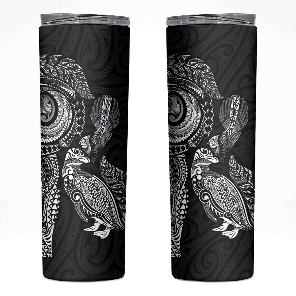 Aotearoa Moko Tribal Tattoo Skinny Tumbler New Zealand Maori Penguin and Fantail Black Color