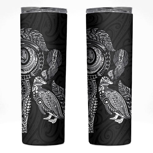 Aotearoa Moko Tribal Tattoo Skinny Tumbler New Zealand Maori Penguin and Fantail Black Color