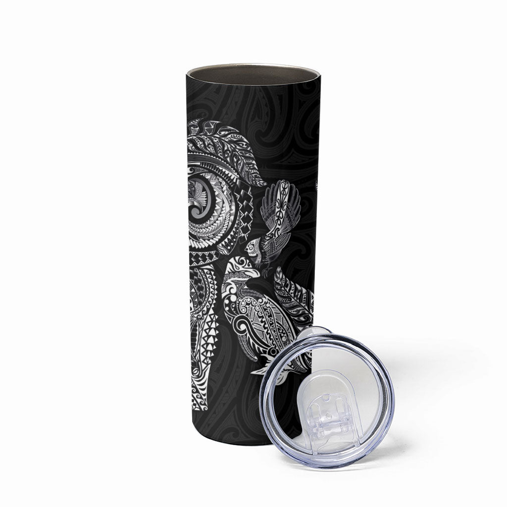 Aotearoa Moko Tribal Tattoo Skinny Tumbler New Zealand Maori Penguin and Fantail Black Color
