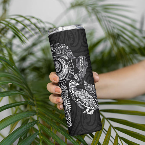 Aotearoa Moko Tribal Tattoo Skinny Tumbler New Zealand Maori Penguin and Fantail Black Color