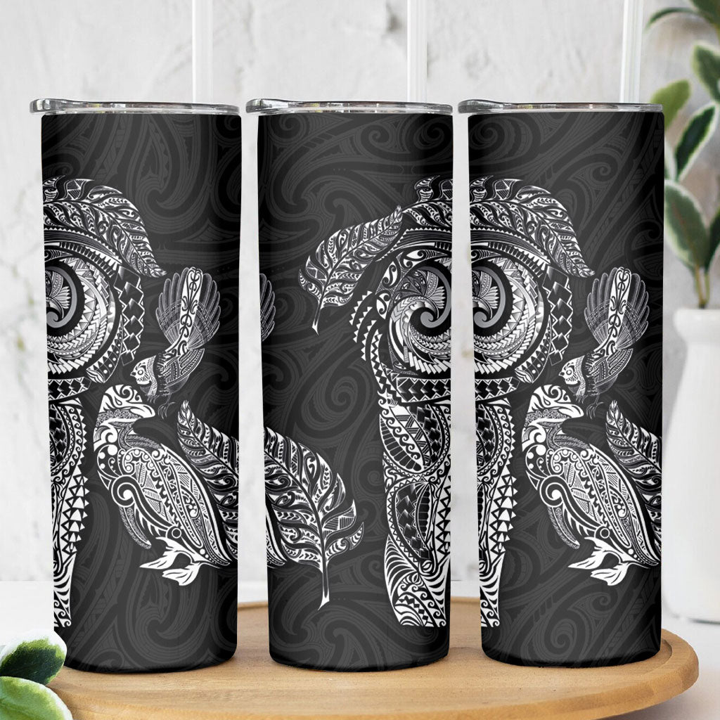 Aotearoa Moko Tribal Tattoo Skinny Tumbler New Zealand Maori Penguin and Fantail Black Color