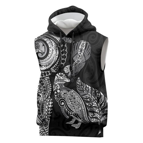 Aotearoa Moko Tribal Tattoo Sleeveless Hoodie New Zealand Maori Penguin and Fantail Black Color
