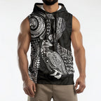 Aotearoa Moko Tribal Tattoo Sleeveless Hoodie New Zealand Maori Penguin and Fantail Black Color