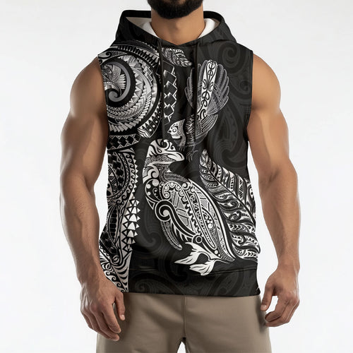 Aotearoa Moko Tribal Tattoo Sleeveless Hoodie New Zealand Maori Penguin and Fantail Black Color