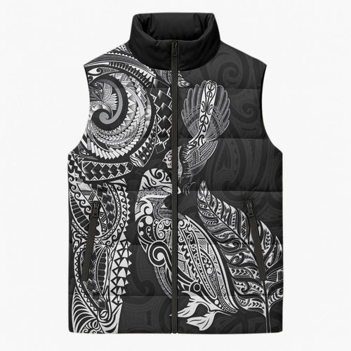 Aotearoa Moko Tribal Tattoo Sleeveless Puffer Jacket New Zealand Maori Penguin and Fantail Black Color