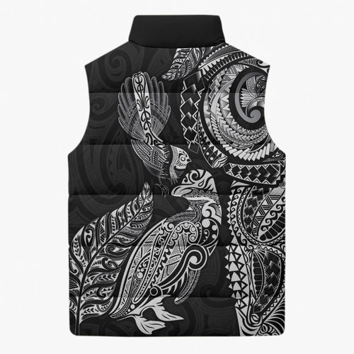 Aotearoa Moko Tribal Tattoo Sleeveless Puffer Jacket New Zealand Maori Penguin and Fantail Black Color