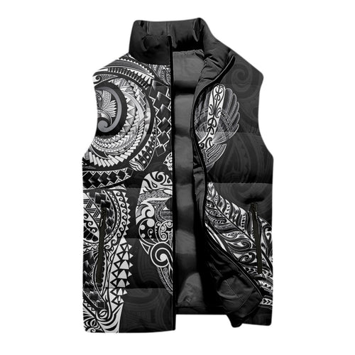 Aotearoa Moko Tribal Tattoo Sleeveless Puffer Jacket New Zealand Maori Penguin and Fantail Black Color