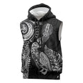 Aotearoa Moko Tribal Tattoo Sleeveless Zip Hoodie New Zealand Maori Penguin and Fantail Black Color