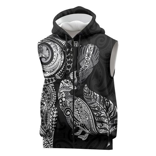 Aotearoa Moko Tribal Tattoo Sleeveless Zip Hoodie New Zealand Maori Penguin and Fantail Black Color