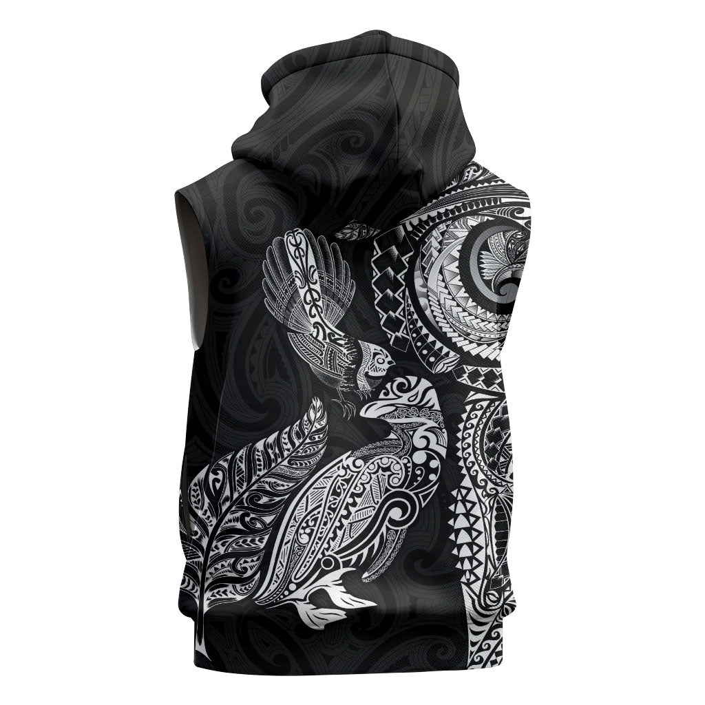Aotearoa Moko Tribal Tattoo Sleeveless Zip Hoodie New Zealand Maori Penguin and Fantail Black Color