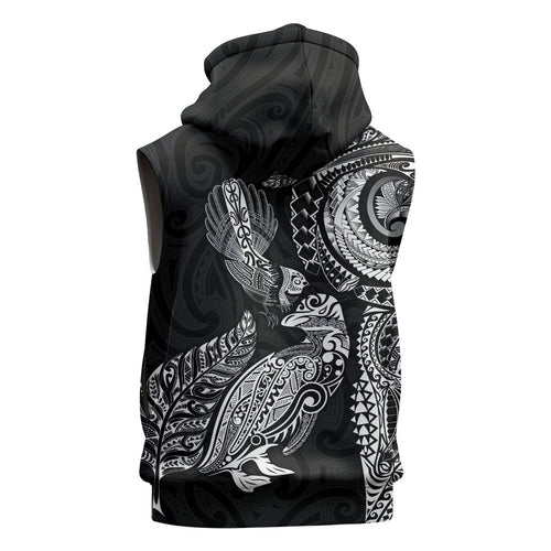 Aotearoa Moko Tribal Tattoo Sleeveless Zip Hoodie New Zealand Maori Penguin and Fantail Black Color