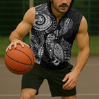 Aotearoa Moko Tribal Tattoo Sleeveless Zip Hoodie New Zealand Maori Penguin and Fantail Black Color