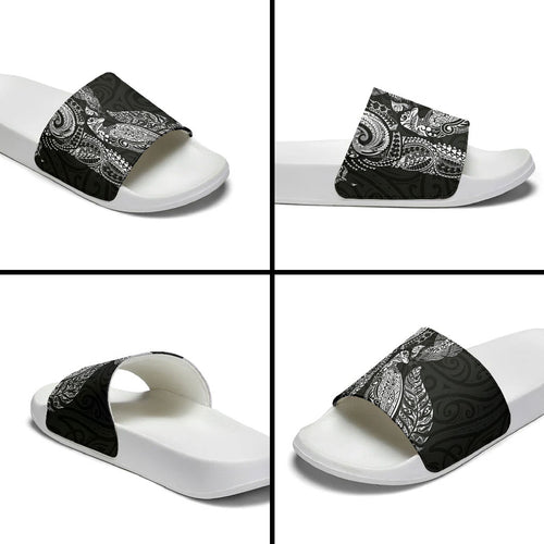 Aotearoa Moko Tribal Tattoo Slide Sandals New Zealand Maori Penguin and Fantail Black Color