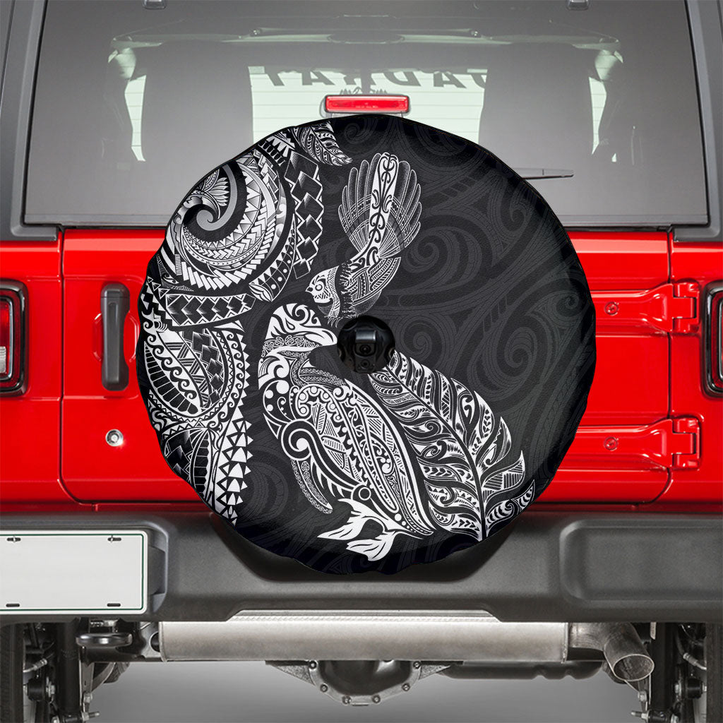 Aotearoa Moko Tribal Tattoo Spare Tire Cover New Zealand Maori Penguin and Fantail Black Color