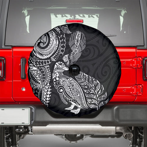 Aotearoa Moko Tribal Tattoo Spare Tire Cover New Zealand Maori Penguin and Fantail Black Color