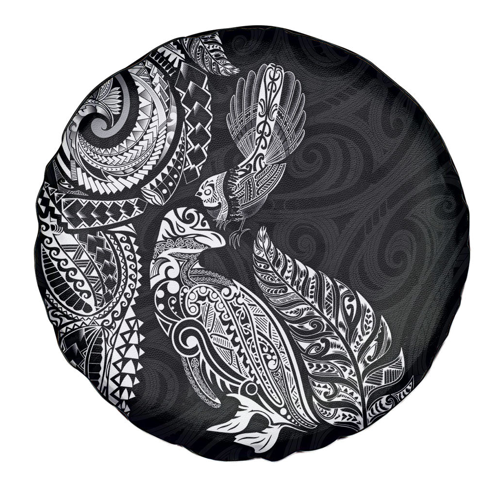 Aotearoa Moko Tribal Tattoo Spare Tire Cover New Zealand Maori Penguin and Fantail Black Color