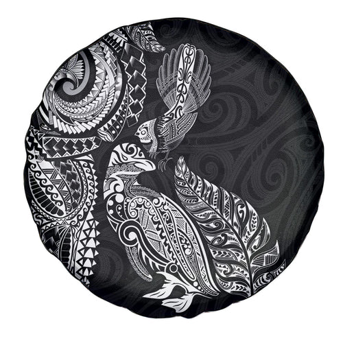 Aotearoa Moko Tribal Tattoo Spare Tire Cover New Zealand Maori Penguin and Fantail Black Color